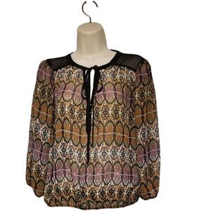 Lily-Rose Sheer Peplum Blouse Size M Boho Top 3/4 Sleeve Color Black & Brown